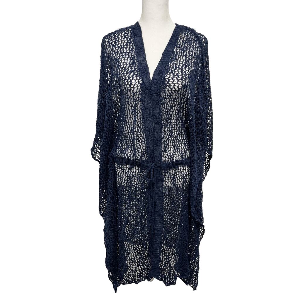 POL Duster Cardigan Cover Up Navy Blue Crochet Tie Waist Boho Indie Coastal Sz S